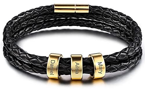 MeMeDIY Personalisierte Armbänder Gravur 2~6 Namen Individuelle Identifikation ID für Frauen Männer Echtes Leder Edelstahl Perlen Geflochtene Manschette Brautjungferngeschenke Beste Freundin
