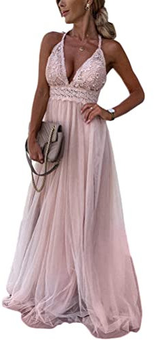 Minetom Robe de Soirée Femme Sexy Col en V Dentelle sans Manches Party Mariage Demoiselle d'honneur Maxi Robe Longue E Rose S