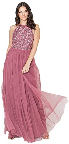Maya Deluxe Damen Maya Deluxe Women's Bridesmaid Maxi Dress Halter Neck Sequin Embellished Prom Graduation Wedding Brautjungfernkleid, Desert Rose, 38 EU