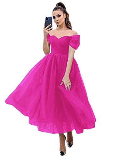 Vestido de princesa plisado de tul con hombros descubiertos para mujer, fucsia, 38