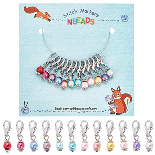 nbeads 12 Stück Glasperlen Maschenmarkierer, Perlen Häkelstichmarker Charms Strickzubehör Stricken Häkeln Werkzeuge Verriegelungsstichmarker mit Karabinerverschluss für Armband Halskette Zipper Tab