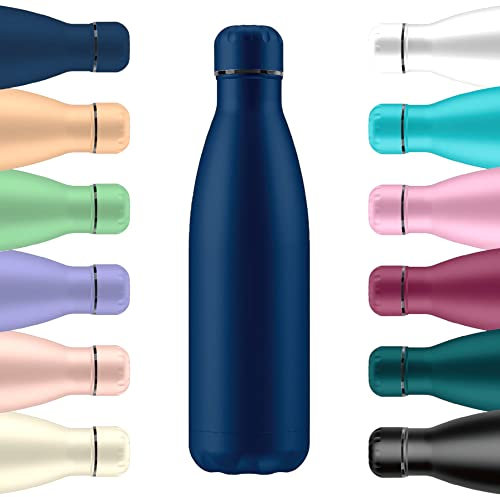 Mi Ko Mi Ka Botella de Agua Térmica de Acero Inoxidable Reutilizable | Sin BPA | Mantiene 24H Frio / 12H Calor | Hermética - Doble Pared a Prueba de Fugas (Azul Marino, 500ml)
