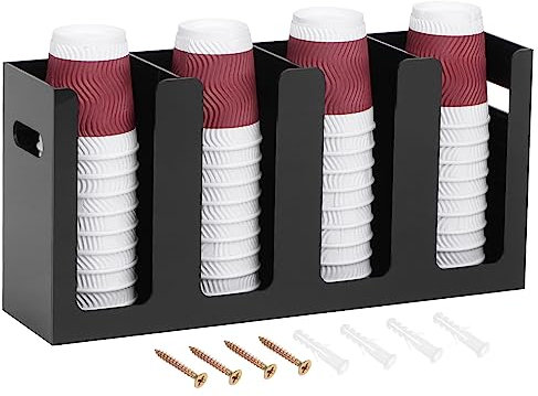 sourcing map Wall Mount Disposable Coffee Cup Dispenser with Handles, Hot/Cold Drink Cup and Lid Holder Countertop Acrylic Cup Lid Storage Organizer for Bathroom(4 Compartments, Black)