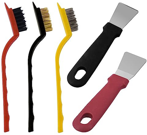 2Pcs Plastic Oven Scraper Tool Non Scratch Cleaning Scraper Kitchen Grease Scraper Hob Scraper Glass Scraper Nylon Super Scraper Ice Scraper with 3Pcs Stainless Steel Brass Nylon Brush for Stove Pan