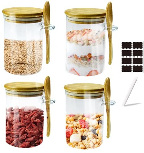 Hyacinthy Bote hermetico Cristal, 4 Set 650 ml tarros de Cristal con Tapa hermética, Botes Cristal con Tapa, tarros de Cristal con Cuchara de bambú, frascos de Vidrio Cocina para Snack de Especias