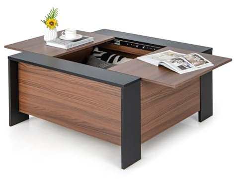 CASART Square Coffee Table, Wooden Snack Tea Table with Sliding Top & Large Hidden Storage, Accent Cocktail Table Center Table for Living Room Bedroom Office (Black+Walnut)