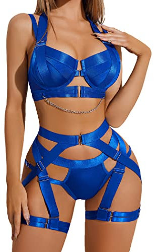 Avidlove Unterwäsche Damen Reizwäsche Sexy Lingerie Curvy BH Und Slip Bequem Strapsen Verstellbar Neckholder Blau XL