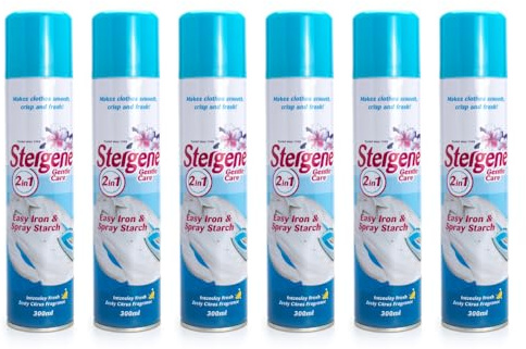 Stergene Easy Iron & Starch Spray | Fabric Care | 300ml (Pack of 6) | Reduces Creases | Smooth Iron Glide | Crisp Professional Finish | Ideal for Shirts, Denim & Linen
