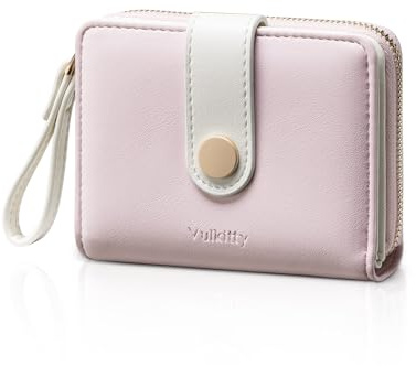 Vulkitty Portefeuille fin en cuir à deux volets pour femme - Petit sac à main compact pour cartes de crédit avec fenêtre pour carte d'identité, poche zippée pour pièces de monnaie et cordon, rose,