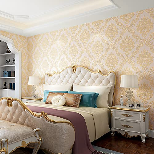 HimYKEA European Retro 3D Flower Damask Wallpaper for Bedroom Living Room Background Home Decoration Non-Pasted Wall Paper Roll Light Beige Colour 1.73' W x 32.8' L