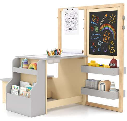 GOPLUS 3 en 1 Bureau Enfant avec Banc et Tableau Blanc/Noir Double Face