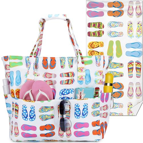 LEDAOU Große Strandtasche mit reißverschluss Damen Tote bag & Strandtuch Hausschuhe Wasserdicht Umhängetasche Tragetasche shopper sanddicht mit Reißverschluss Pool Fitness Reisetasche familie