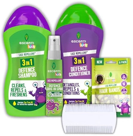 Escenti Kids Head Lice Prevention Bundle: Head Lice Shampoo, Tea Tree Conditioner, Leave-in Nit Repellent Spray for Kids with Tea Tree, Lice Bands 8pk & Nits Comb - Complete Lice Treatment Kit by GBH