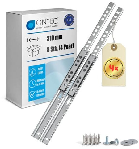 ONTEC Schubladenschienen 310mm 4er SET - 17mm Nut Schubladenauszug inkl. Schrauben Extra Stabil Schubladen Schienensystem 12kg Traglast Auszugschienen - Schubladenführungen - Leichte Montage