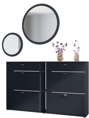 Vladon Garderoben-Set Florence mit Schuhschrank und 2 Wandspiegel, Made in Germany, Schwarz matt/Schwarz matt