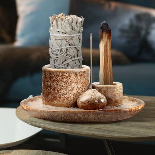 JOLIGAEA Quemador de Incienso 4 en 1, Soporte de Palo Santo con Placa de Captura de Cenizas, Soporte de Incienso de Cerámica para Salvia, Bandeja Colector de Cenizas para Sala de Meditación y Yoga