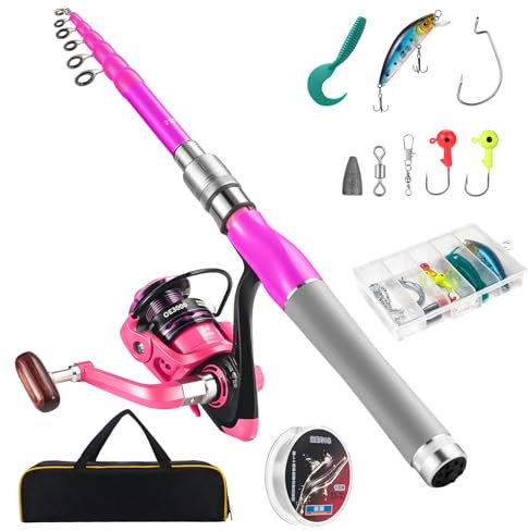 Castaroud Kit de Canne à pêche télescopique en Fibre de Carbone Rose et Moulinet avec Moulinet de pêche Rotatif pour Femme et Fille