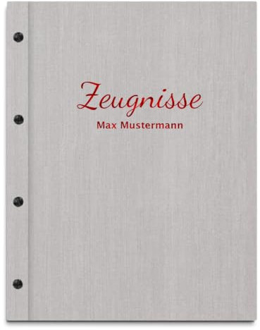 Handgefertigte Zeugnismappe mit eigenem Namen in grauer Leinenoptik – inkl. 12 Sichthüllen – Mappe für Zeugnisse und Urkunden