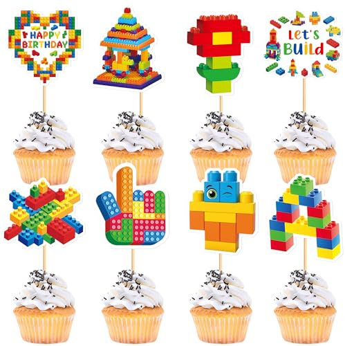 Cyodoos 24Pcs Building Block Birthday Party Cupcake Toppers Boy Girl Birthday Party Decorations Brick Themed Building Block Birthday Decorations for Kids Adults Birthday Party Supplies