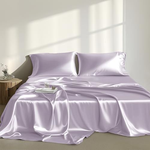 Madison Park Satin Sheets Twin Size, Luxurious Silky Bed Sheets, Elastic 14 Pocket fits up to 16 Mattress, Wrinkle-Free, Soft Satin Bed Sheet Set, Lilac 4 Piece