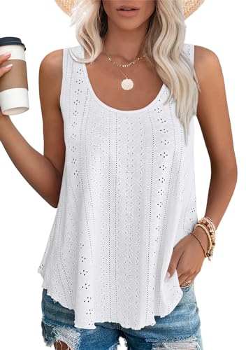 Aokosor Ladies Tops For Women Uk Vest Summer Clothes Scoop Neck Sleeveless Eyelet Embroidery Womens Tops Plus Size 22-24 white