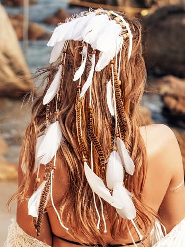 Fashband Serre-tête indien à plumes et pompons - Coiffe tribale - Accessoire de cheveux pour femme