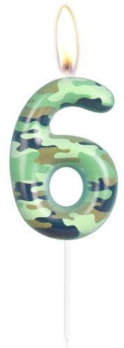 Camo 6th Birthday Candles Number 6 Candle Army Themed Cake Topper Camo Happy 6th Birthday Party Cake Decorations for Boys Birthday Hunting Party Camouflage Motif Graduation