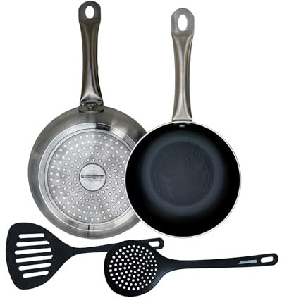 FMprofessional Set de 2 Sartenes Antiadherentes Profesionales de Aluminio 20/28 cm Diámetro, Espátula Ranurada y Espumadera de Plástico RPET 100% Reciclado, Apta para Lavavajillas