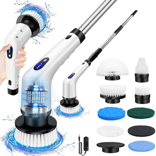 Electric Spin Scrubber, IPX7 Waterproof Bathroom Cleaning Brush, Shower Scrubber with Long Handle & 2 Speed, Cordless Electric Cleaning Brush with 9 Replaceable Brush Heads for Tub Shower Tile Floor