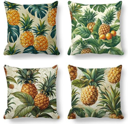 Ananas Kissenbezug 80x80cm 4er Set Dekorative Outdoor Kissen Blatt Wasserfest Quadrat Leinen Dekokissen Atmungsaktiv Mit Unsichtbarem Reißverschluss, für Garten Outdoor Terrassen Dekorative Model-0063