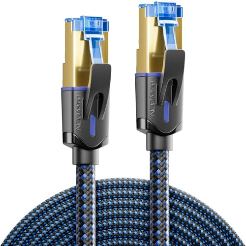 deleyCON 15m CAT 8 Netzwerkkabel (40 Gbit/s, Nylon, 100% Kupfer) S/FTP PIMF - Gigabit Ethernet Patchkabel LAN Kabel Cable - RJ45 Stecker für CAT8 CAT7 CAT6 POE PS5 Router PC Laptop - Schwarz