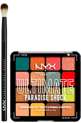 NYX Professional Makeup Palette Ombretti 16 Colori Altamente Pigmentati Ultimate Shadow 02 Paradise Shock + Pennello Occhi per Sfumature Pro Brush Blending - Set da 2