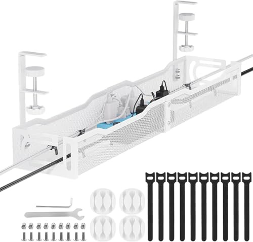 Yuehuamech Under Desk Cable Management Tray No Drill Desk Cable Organizer Wire Cord Organizer with Clamp Mount Cables Tidy Organiser for Home Office Internet Cafe Managing Cables and Power Strips