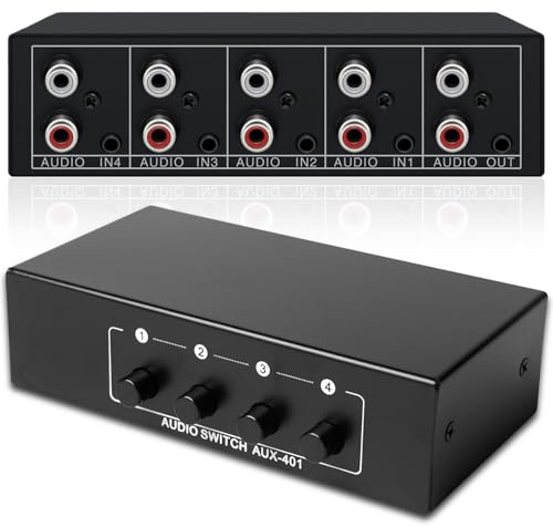 Audio Switcher 4 In 1 Out, Bidirektionaler Audio Umschalter 3,5 mm AUX + RCA L/R, Audio Switch, Audio Auswahlbox für Kopfhörer, Lautsprecher, Phono, Soundsystem, Audio Splitter 4 Eingänge 1 Ausgang