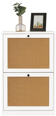 Yvsevnr Schuhschrank Schmal mit 2 Klappen Schmaler Schuhschrank Flur Schuhkipper Rattan Schuhkommode für 9-12 Paar Schuhe Schuhregal mit Verstellbare Ablagen für Diele, Flur 51 x 23 x 84 cm