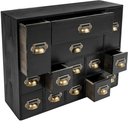 PattenlLevi Apothekerschrank mit Schubladen 14 Vintage-Apotheker-Schubladen Holz Kommode Organizer Geschenk für Zuhause & Büro Katalogschrank, Aufbewahrung für Schmuck, 53 * 16 * 42.4cm (Schwarz)