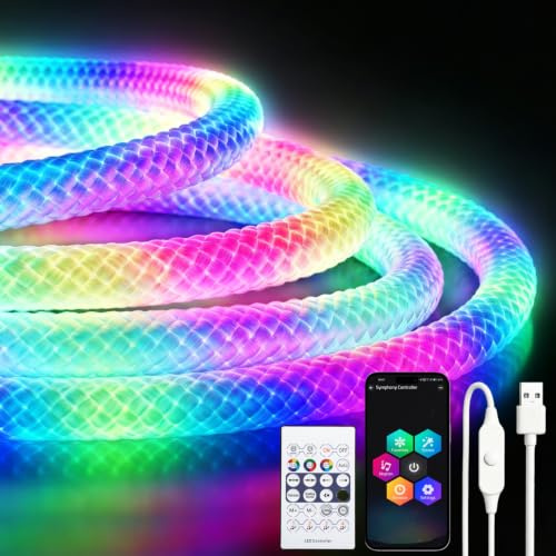 ShineBurky Neon LED Strip RGB+IC 3M, 5V USB LED Streifen mit Fernbedienung | 360 Grad Rund Neon, IP67 Wasserdicht, mit Timer Musik Sync APP Steuerung für Pavillon Dachvorsprung Steinsäulen Oudoor Deko