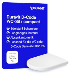 Duravit D-Code WC-Sitz mit Absenkautomatik Kompakt - WC-Sitz aus Duroplast, D-Form, Soft-Close, Edelstahl-Scharniere, weiß Hochglanz, Passend für Duravit D-Code Serie
