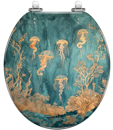 Bathroom Decorative Round Toilet Seat Underwater Scene Jellyfish Seahorses Coral Illustration Resin Quiet Close Quick Release Hinges with Cover Easy to Install