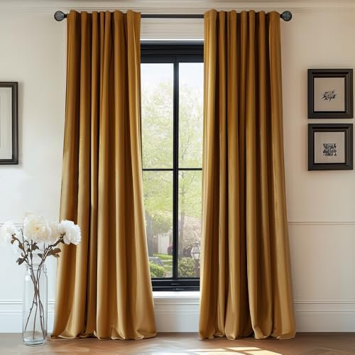 Lazzzy Samt-Verdunkelungsvorhänge, wärmeisoliert, superweich, luxuriöse Vorhänge für Schlafzimmer, Stangentasche, Fenstervorhänge für Wohnzimmer, 2 Paneele, 132 x 244 cm, Goldbraun