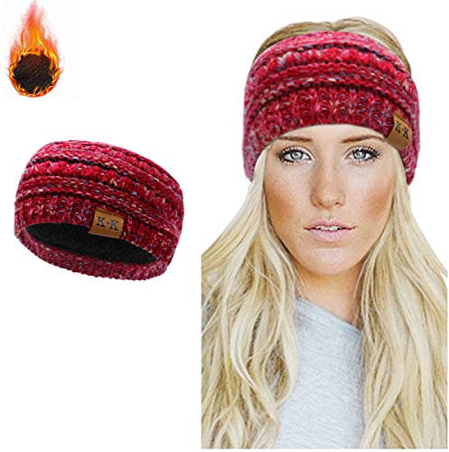 Winter Knitted Headband - Women Ear Warmer Chunky Crochet Braided Hair Band Wraps Turban Sports Yoga Hairband Fleece Lined Elastic Wide Headbands for Women UK (red)