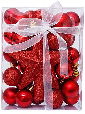 ISAKEN 30er Set Christbaumkugeln Christbaumschmuck mit Baumspitze Stern, Glänzend Glitzer Weihnachtskugeln Weihnachtsdeko Set, Kunststoff Weihnachtsbaumkugeln mit Aufhänger Weihnachtsbaumschmuck, 3cm