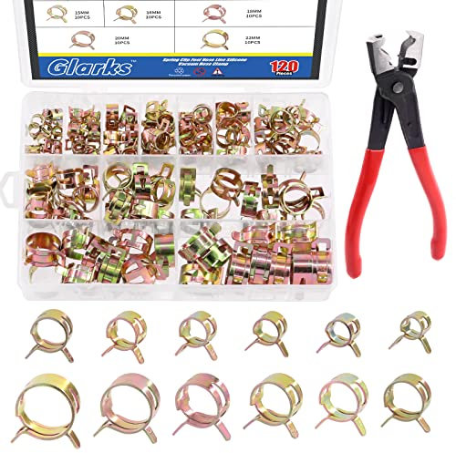 Glarks 121 Stück 12 Größen 7–22 mm Federband-Clips Kraftstoff-Silikon-Vakuum-Schlauchschelle Niederdruck Luftschelle Klemmbefestigungen Sortiment Kit mit 1 Stück Clic-R Schlauchklemmenzange