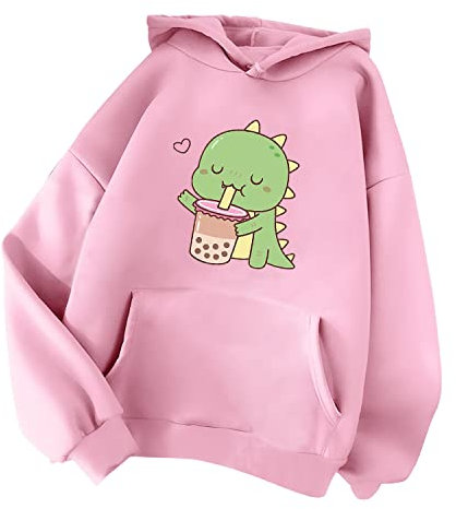 Minetom Damen Kapuzenpullover Langarm Hoodie Kawaii Dinosaurier Hoodies Pulli Teenager Mädchen Mode Casual Sweatshirt Herbst Winter Warme Oberteile mit Kapuze Kordel und Taschen A Rosa XL