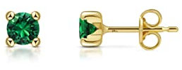 Amberta Allure Boucles D'Oreilles pour Femme en Or Jaune 9 Carats avec Pierre Précieuses Synthétique: Clous D'Oreilles avec Émeraude Simulée de 4 mm
