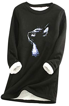 Yming Damen Katze Nachahmung Top Lammhaar Pulli Winter Warme Pullover Langarm Pulli M-Schwarz L