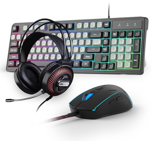 Creamy 3in1 Gaming Keyboard Headset and Mouse Combo, 98-Key Layout Rainbow LED Backlit Keyboard and Mouse Gaming Headset Bundle, 3-in-1 Gamer Gift for PC Laptop, Black & Grey