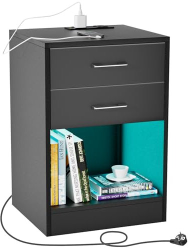 PIPIPOXER Nachttisch mit LED Licht,Beistelltisch mit Steckdose und USB Anschlüsse in Schwarz,Nachttische aus Holz mit 2 Schubladen Nachschrank für Wohnzimmer,Schlafzimmer Bett 40x35x60cm Schwarz