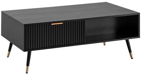 FineBuy Table basse rectangulaire avec espace de rangement, table basse avec tiroirs et pieds en métal, 110 x 60 x 43 cm Noir avec décor chêne