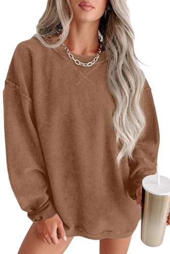 QIXING Women's Oversized Sweatshirts Casual Corduroy Jumper Tops Long Sleeve Crew Neck Pullovers(Brown, L)